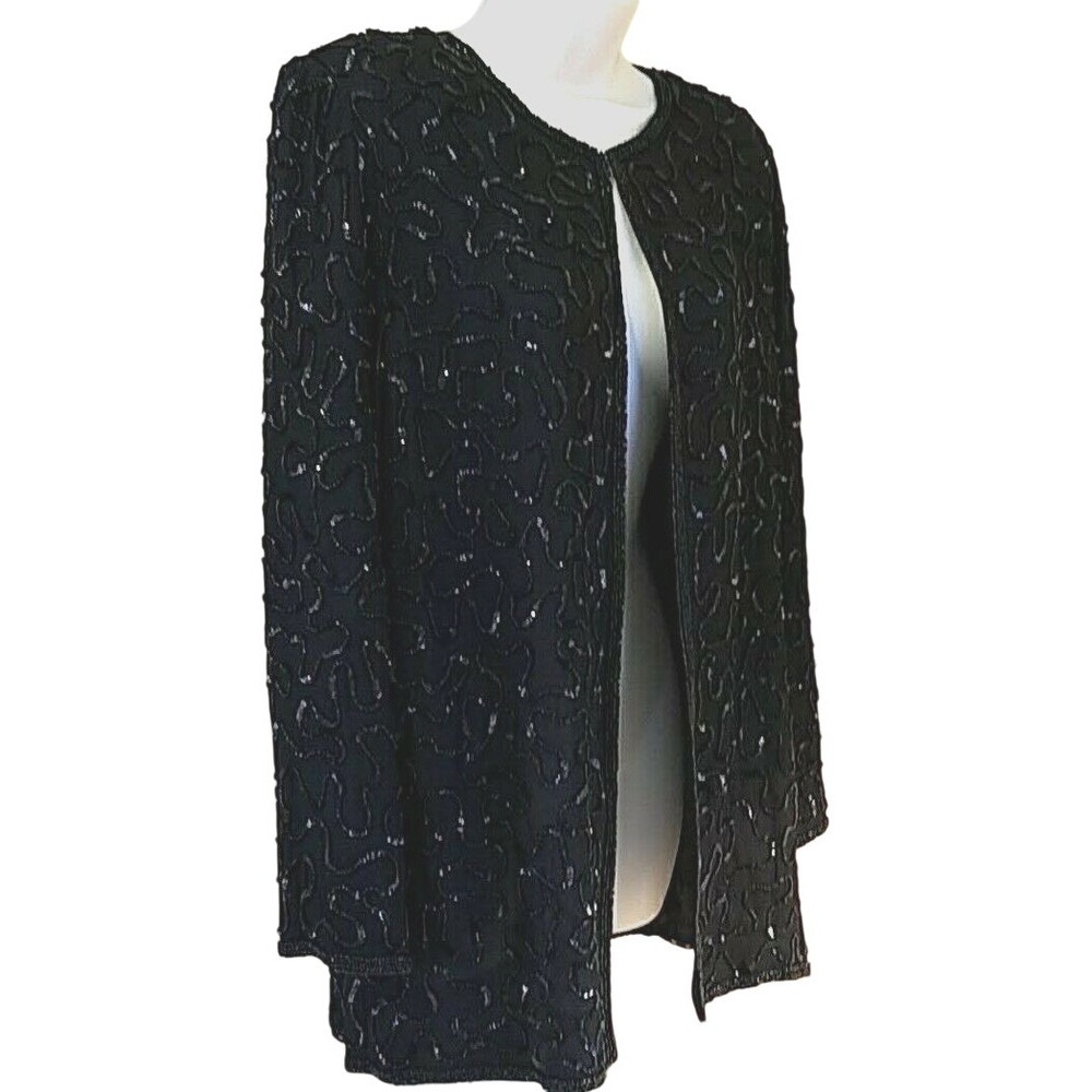 Valerie Stevens Black Beaded Sequin Silk Jacket 6 Art Deco Formal Evening Wear - Picture 2 of 9